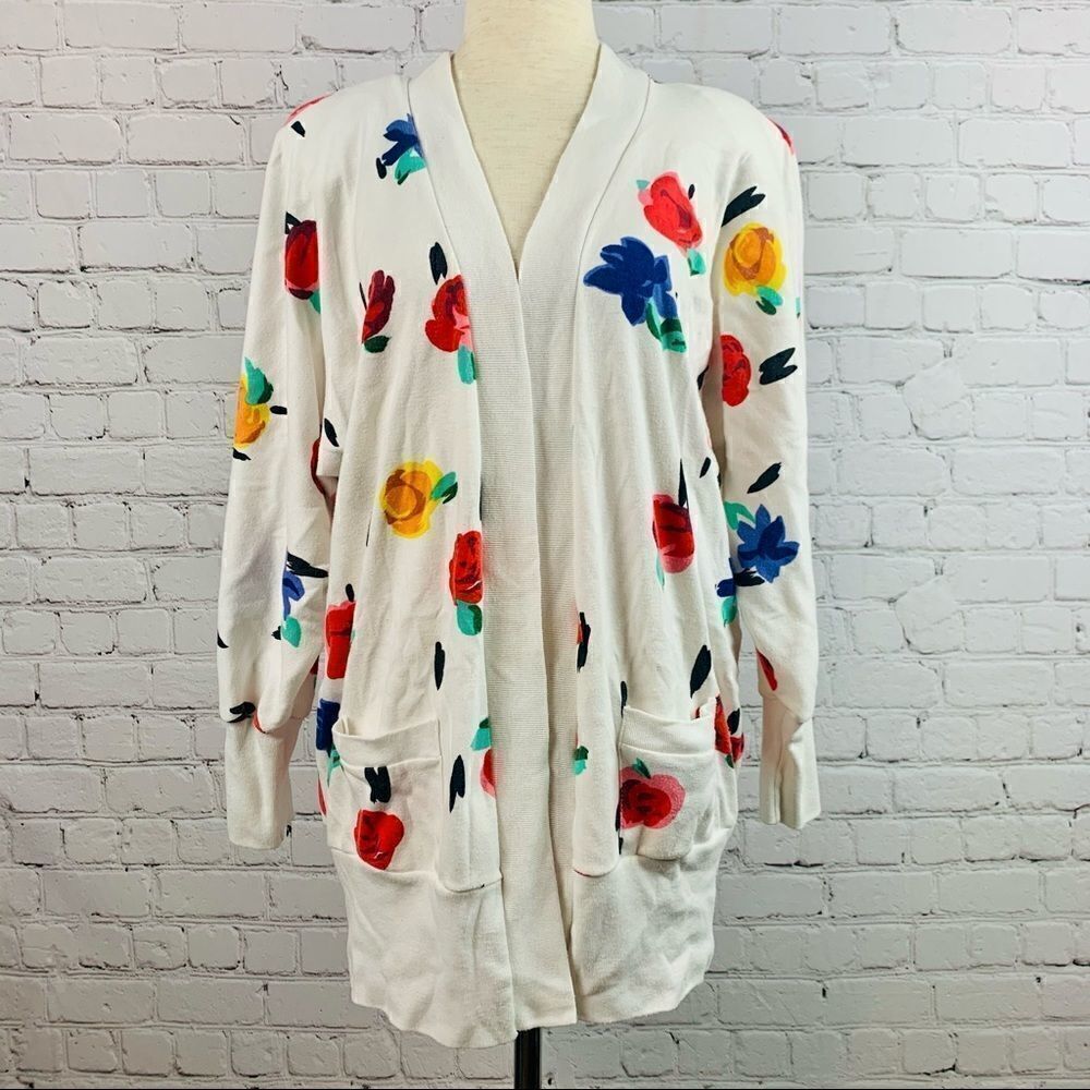 VTG 80s Peter Popovich Floral Print Varsity Cotton Blend Cardigan Sweater